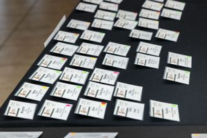 Table covered with name tags.