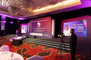 Conference stage with speaker setup