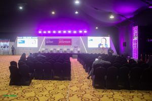 Empty conference hall with stage setup